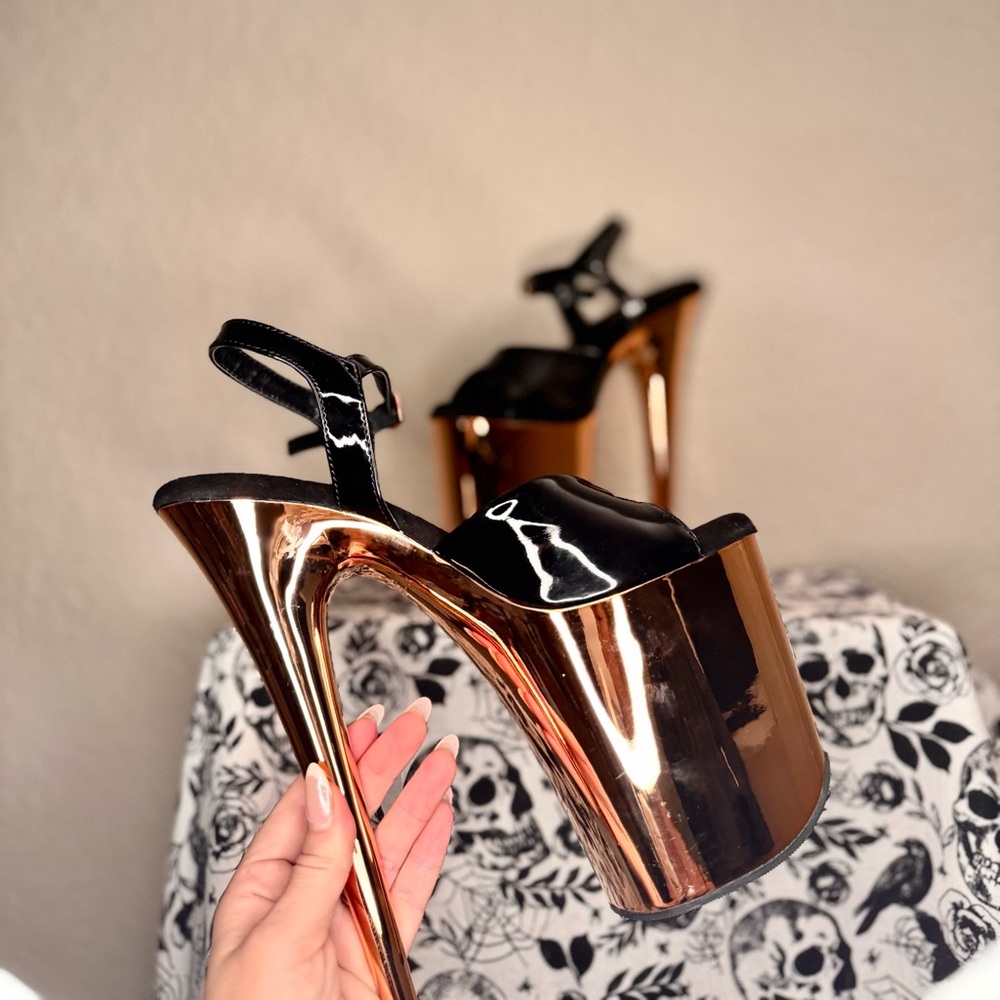 Pleaser Black and Rose Gold Platform Heels - Picture 2 of 12